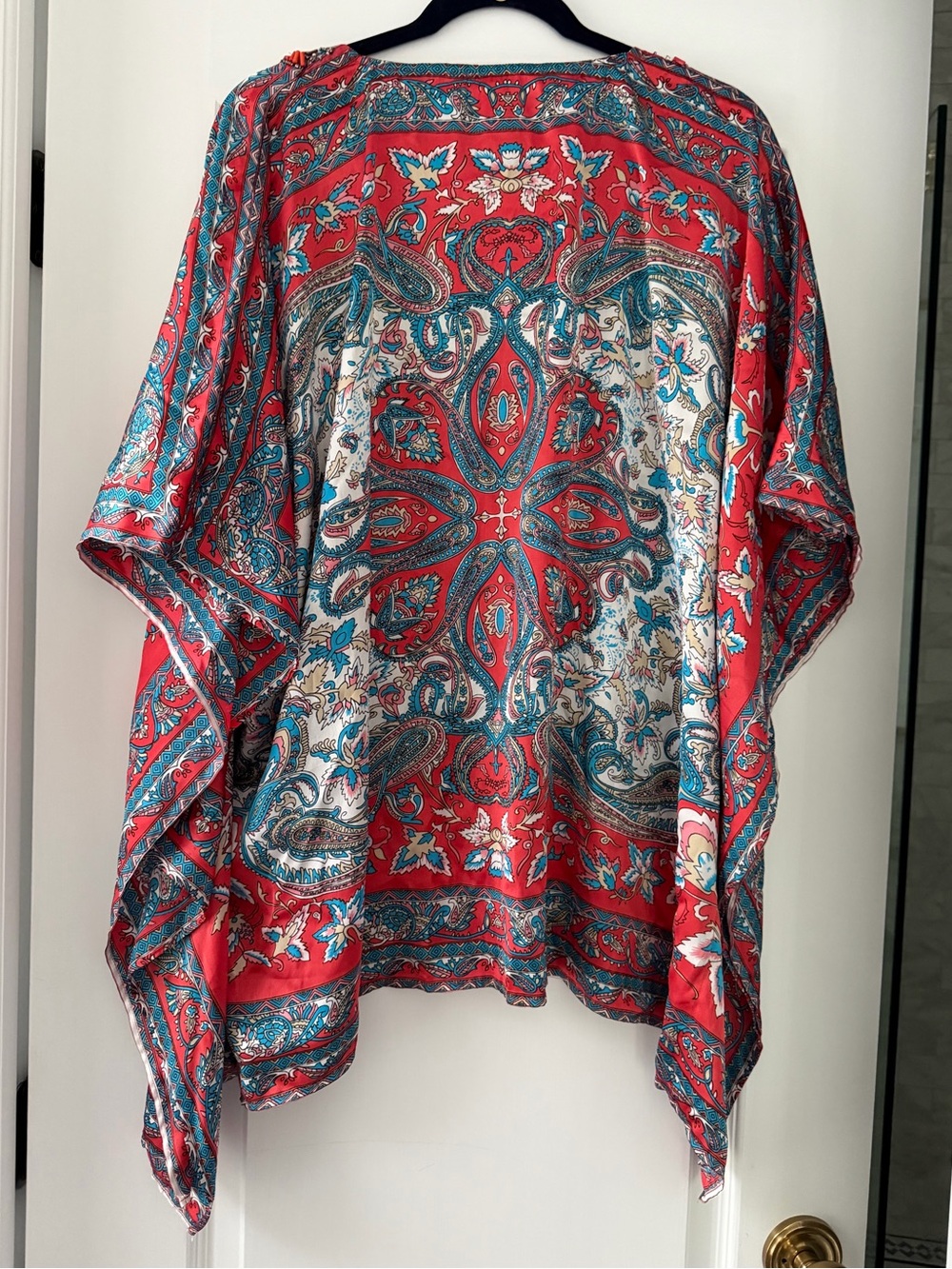 Chico’s Beaded Paisley Caftan Poncho Top Coral Blue Satin Feel L/XL - Picture 4 of 8